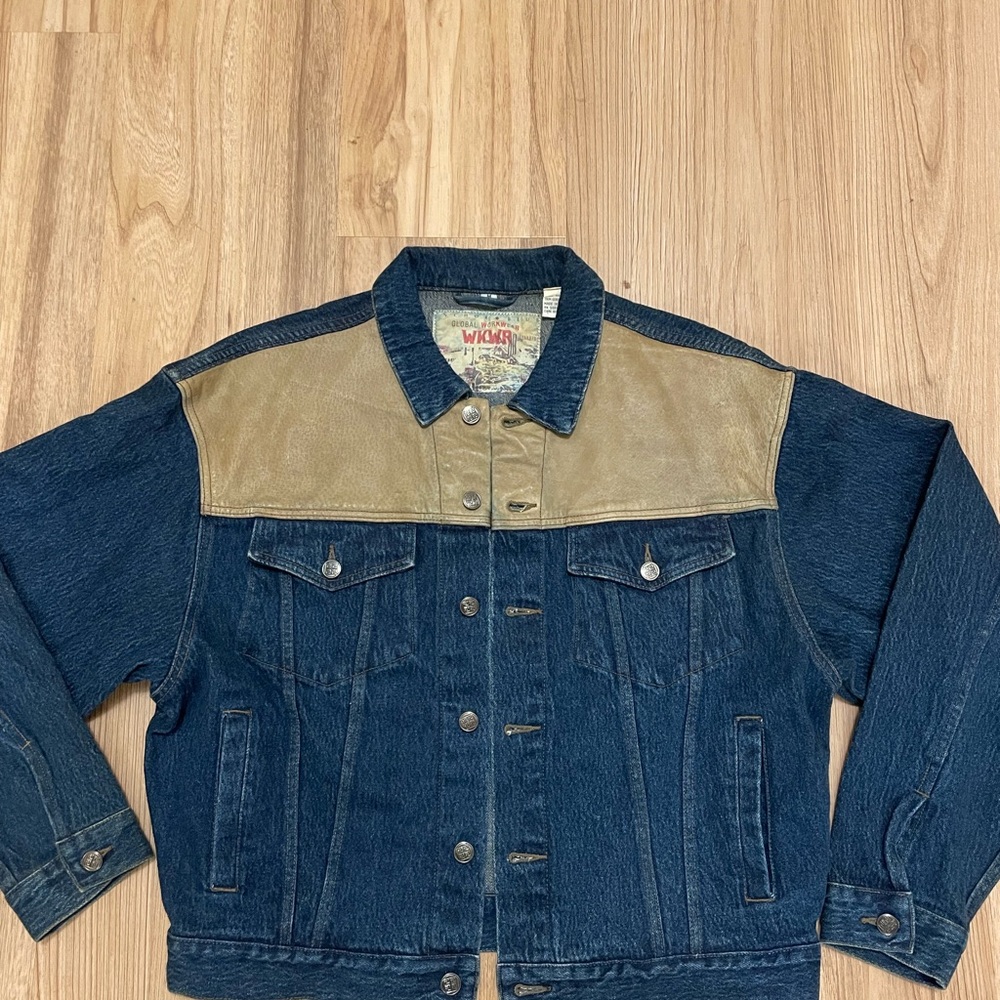 Vintage Anchor Blue WKWR Global Workwear Denim Trucker Jacket with Leather Yoke